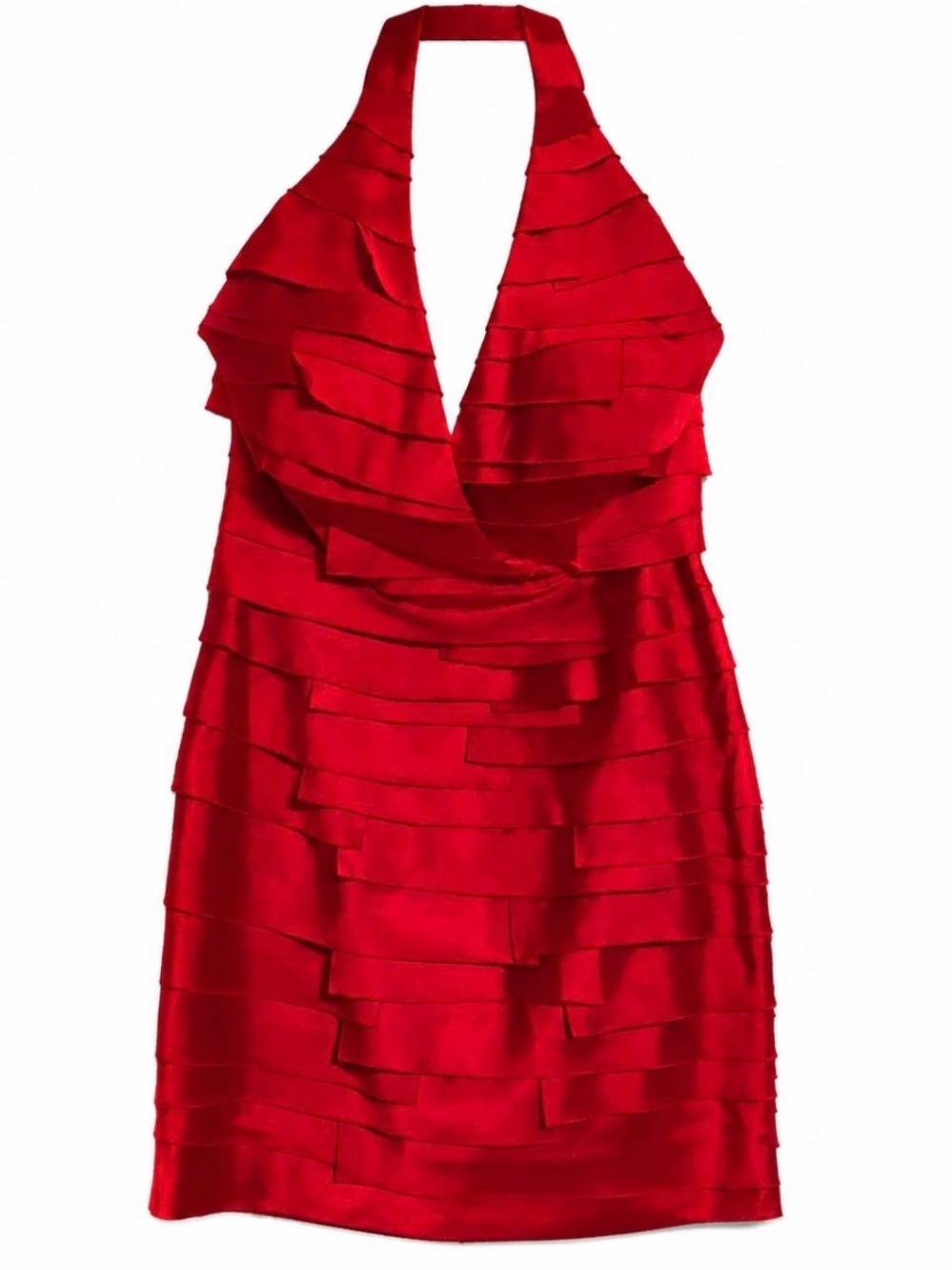 Bebe Red Satin Halter Ruffle Sheath Midi Mini Dress Small S